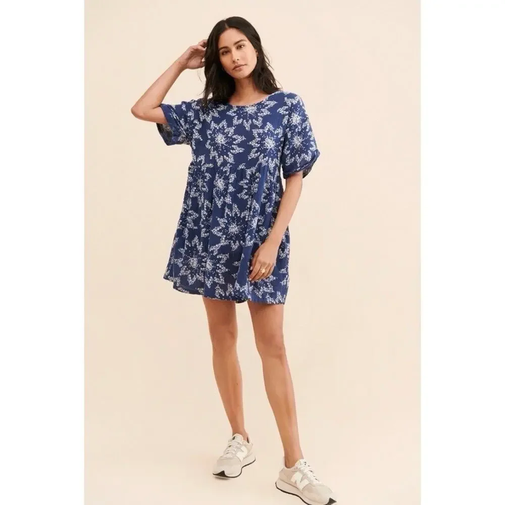 Free People Belezza Babydoll Floral Printed Blue Cotton Mini Dress Large